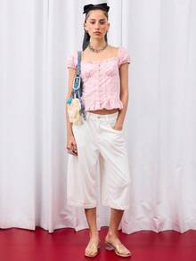 COUREZ Camisa ajustada a cuadros con mangas abullonadas y dobladillo con volantes / Tops lindos de estilo Y2K para salir, tops sexy de corsé - Rosa Pálido - Ver 2