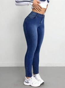 SHEIN Tall CURVE 大码女式休闲高腰弹力紧身蓝色牛仔裤 - 中等水洗藍 - 查看 4
