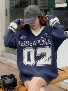 DAZY 女式V领休闲拼色长袖毛衣 - 藏蓝色 - 查看 8