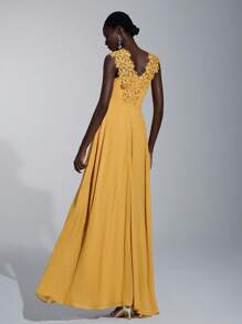 Elitara Contrast Lace Ruffle Trim Ruched Formal Dress Elegant Prom Evening Wedding Guest Gown, For Graduation, Dinner Party Dress - Yellow - View 7