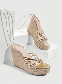 CUCCOO SZL Women's Wedge Thick Rope Sole Gold Strap Tie Up Sandals, Sexy Vacation Style