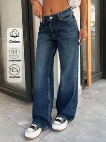 EURMUSE 100% Cotton Low Waist Wash Detailed Wide Leg Jean - Dark Wash - View 2