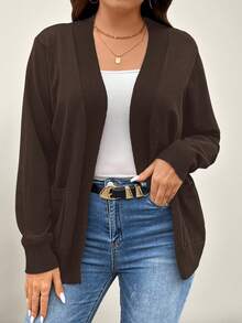 SHEIN LUNE Plus Size Casual Versatile Commuter Solid Color Cardigan With Dual Pockets In Fall/Winter - Brown - View 1