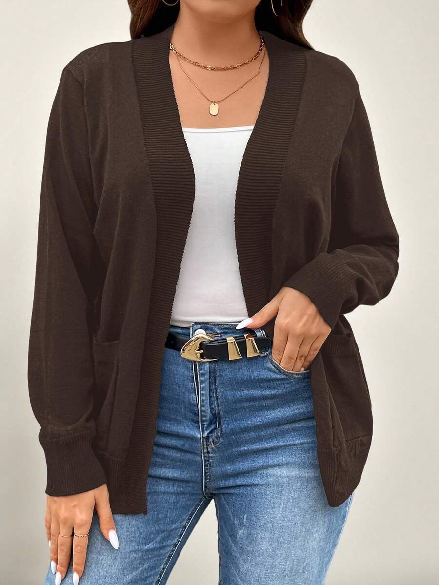 SHEIN LUNE Plus Size Casual Versatile Commuter Solid Color Cardigan With Dual Pockets In Fall/Winter - Brown - View 1