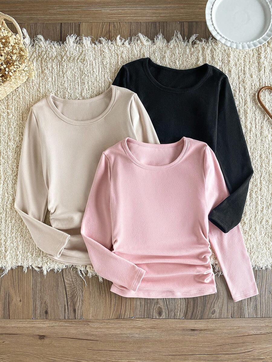 Genkimix Kids 3pcs/Set Girls' Casual Chic Solid Color Black, Pink, Khaki Long Sleeve Knit Tops Long Sleeve Tops For Teen Girls Teen Girl Long Sleeve Shirts Basic Tops For Teen Girls Casual Long Sleeve Tops Girls Long Sleeve T-Shirts Teen Girl Long Sleeve Tops Long Sleeve Shirts For Teens Basic Teen Tops Casual Long Sleeve Shirts Teen Girls Long Sleeve Shirts Casual Tops For Teen Girls Fall Winter