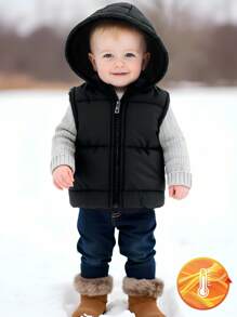 SHEIN Baby Boy Casual Simple Hooded Padded Vest, Fashionable And Suitable For Daily Winter Wear, Outing And Playing, Baby Winter Clothing, 3 Months To 3 Years Old, Baby Brand Clothing Baby Boy Winter Coat Baby Boy Coats Winter Coats Newborn Baby Boy Hooded Jacket Black Baby Vest Winter Vest Vest Baby Boy Unisex Infant Winter Hooded Vest Fall, Puffer Vest - Black - View 5