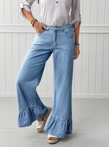 Jeans de pierna ancha con dobladillo de volantes para mujer - Lavado ligero - Ver 4