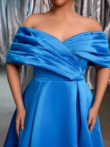 Glamrae Váy maxi hở vai xếp ly hở vai cao một tay, sang trọng, lãng mạn, màu xanh navy, cỡ lớn, thích hợp cho tiệc tối, hẹn hò, vũ hội, tốt nghiệp, đám cưới, dạ tiệc - Xanh đậm - Xem 3
