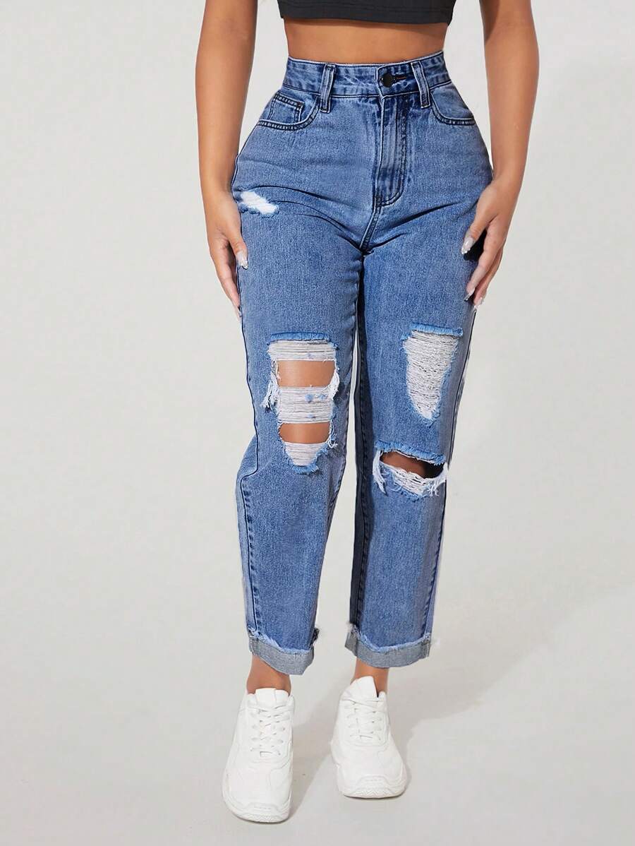 SHEIN PETITE High Waist Ripped Roll Up Hem Straight Leg Jeans