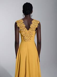 Elitara Contrast Lace Ruffle Trim Ruched Formal Dress Elegant Prom Evening Wedding Guest Gown, For Graduation, Dinner Party Dress - Yellow - View 5