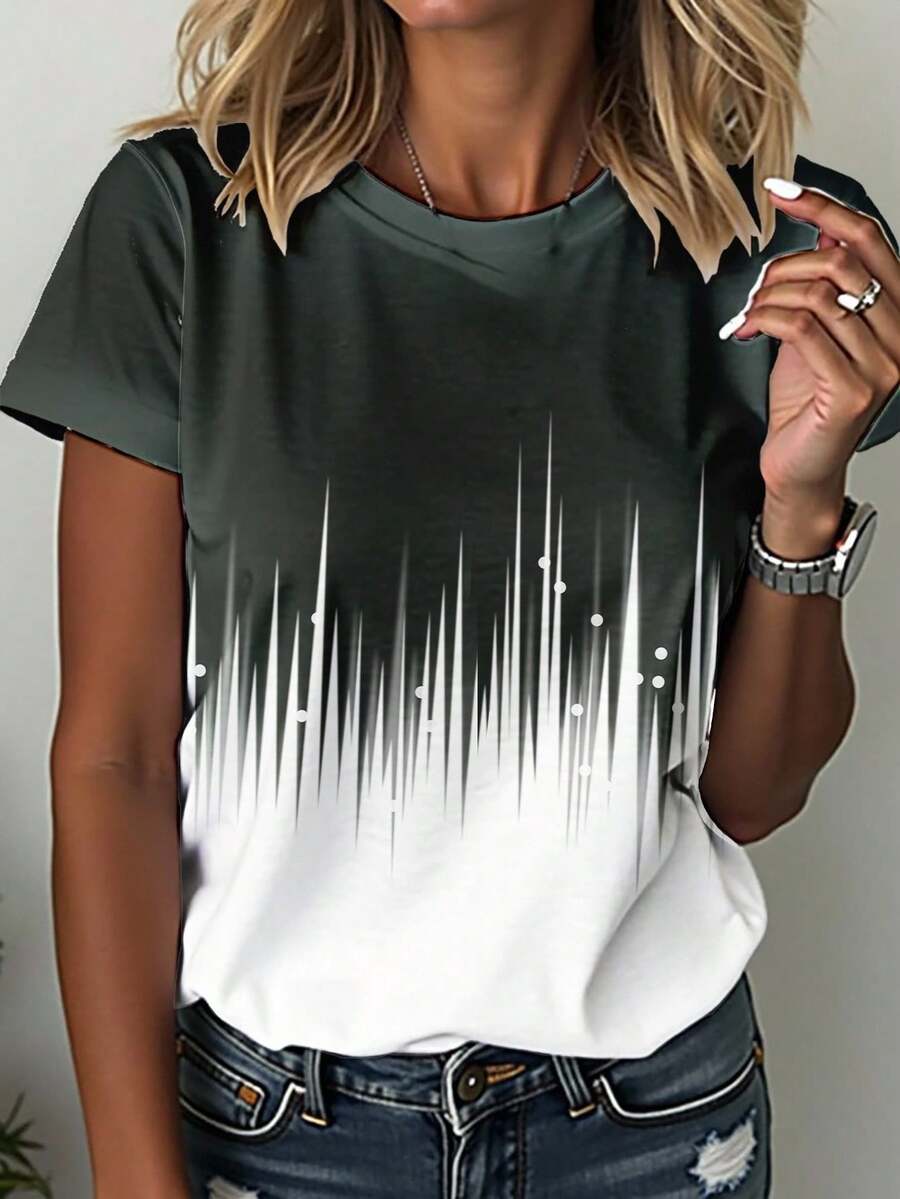 SHEIN LUNE Áo thun tay ngắn cổ tròn họa tiết ombre đơn giản dành cho nữ, phù hợp cho mùa thu và mùa hè - Xám - Xem 1