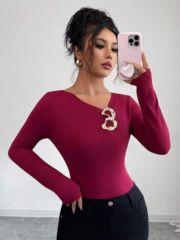 Elenzga Women's Solid Color Long Sleeve Denim T-Shirt, Fitted Casual Tee For Spring & Autumn Fall Cloth For Women