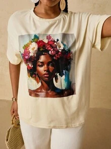 SHEIN VCAY Oversized Aprikot Loose Muster T-Shirt, Afrikanischer Frauen Muster Casual Top für Sommerurlaub, Oversized T-Shirt für Frauen, Oversized Grafik T-Shirts Frauen, Oversized Grafik Tees Frauen, Floral Grafik Tee, Boho Chic Urlaub Ferien, Urban Coastal Stil, Country Old Money Vintage, Lehrer Rückkehr zur Schule, Ausgehen - Aprikosenfarben - Übersicht 3