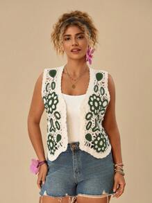 SHEIN VCAY Gilet tricoté décontracté de grande taille avec couleurs contrastées et motif ajouré, idéal pour les vacances