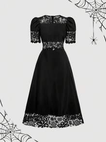 SHEIN MOD Vestido de comprimento médio com patchwork de renda para mulher gentil - Preto - Ver 1