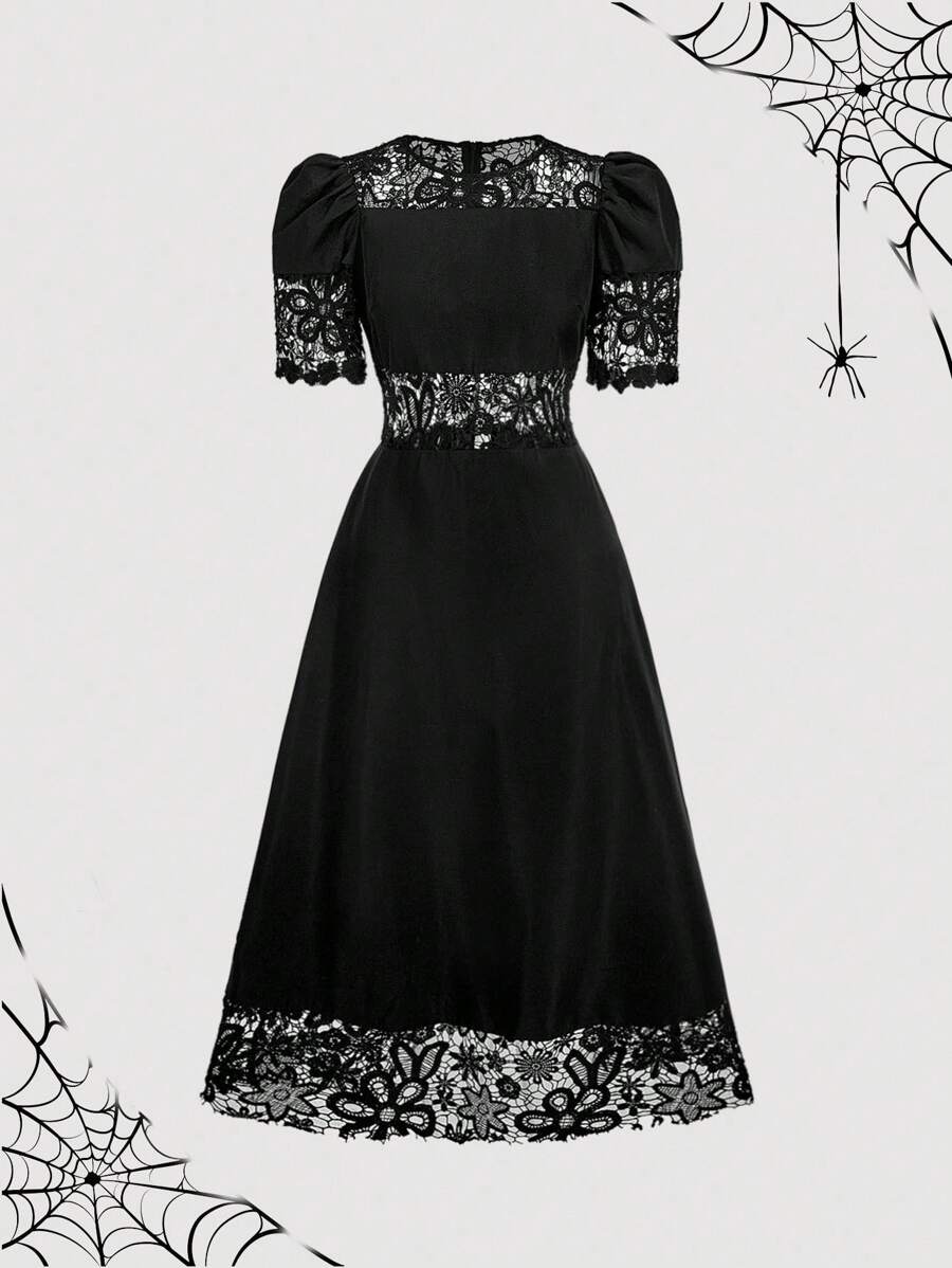 SHEIN MOD Vestido de comprimento médio com patchwork de renda para mulher gentil - Preto - Ver 1