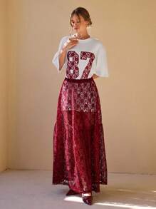 CLARA VERO Camiseta deportiva con detalles de encaje y falda de encaje de cintura alta, estilos elegantes y frescos - Multicolor - Ver 5