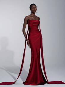 Elitara Váy phù dâu đuôi cá hở vai không dây sang trọng, lãng mạn, trang trí xếp nếp bằng vải chiffon mờ - Màu Đỏ Sâu - Xem 3