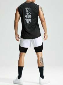 Manfinity Sport Polished Men's Contrast Color Letter Print High Waist Summer Sports Shorts 2 In 1 Shorts White Running Shorts White White Gym Shorts Men Running Shorts