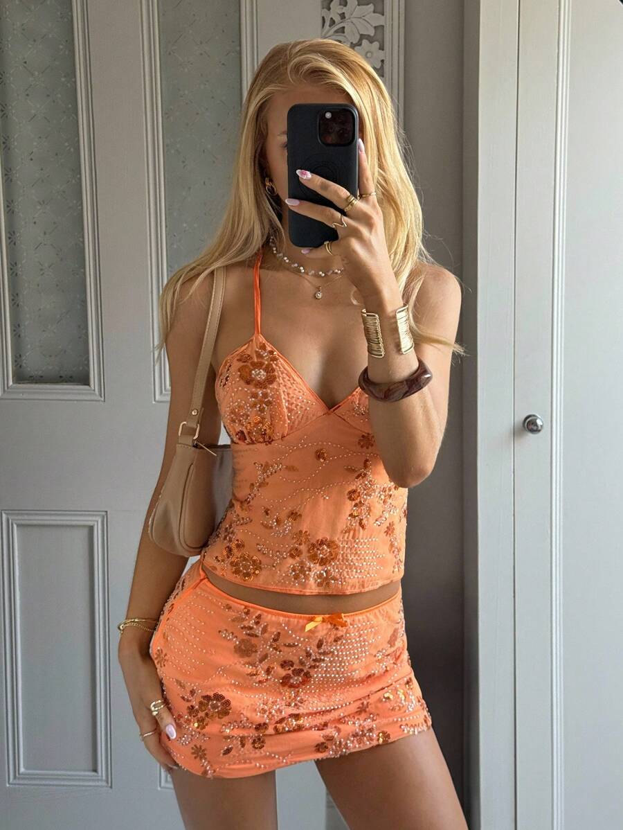 SHEIN EZwear Women's Summer Casual Fashion Sexy Orange Sequin Beaded Beaded Halter Strapless Top