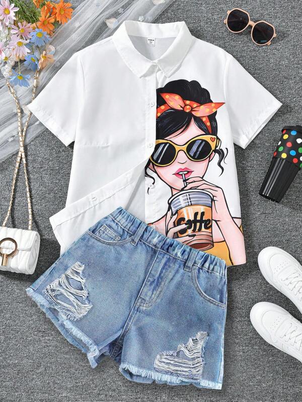 Teen Girl Printed Shirt And Denim Shorts Casual Summer Outfit Set,Holiday,Summer,Travel
