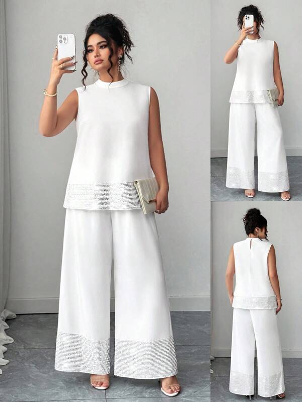 Elenzga Set de 2 piezas de top sin mangas y pantalones con lentejuelas para talla grande