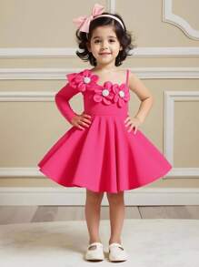 Young Girls Fuchsia Dress With 3D Beaded Floral Decor, Waist Cinched A-Line Long Sleeve Dress, Suitable For Birthday Party, Spring/Autumn