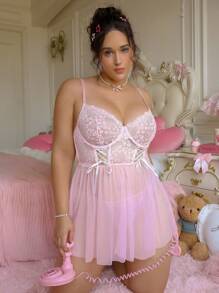 PetitDoll 2pcs Plus Size Lace Patchwork Backless Lingerie Set,Pink Summer Crotchless Babydoll Dress Nightgown,Tulle Lingerie Dress For Women - Pink - View 5