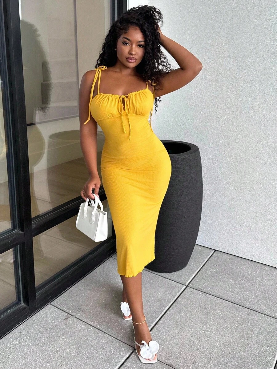 Alexandranx Tie Front Ruched Bust Tie Shoulder Cami Dress,Summer Dresses For Women,Pastel Dresses For Women