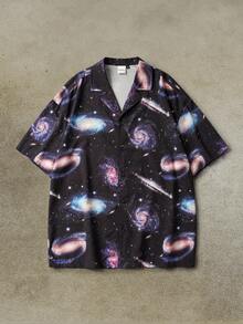 Discovery X SHEIN Men's Casual Starry Sky Print Lapel Collar Loose Fit Shirt, Summer - Black - View 1