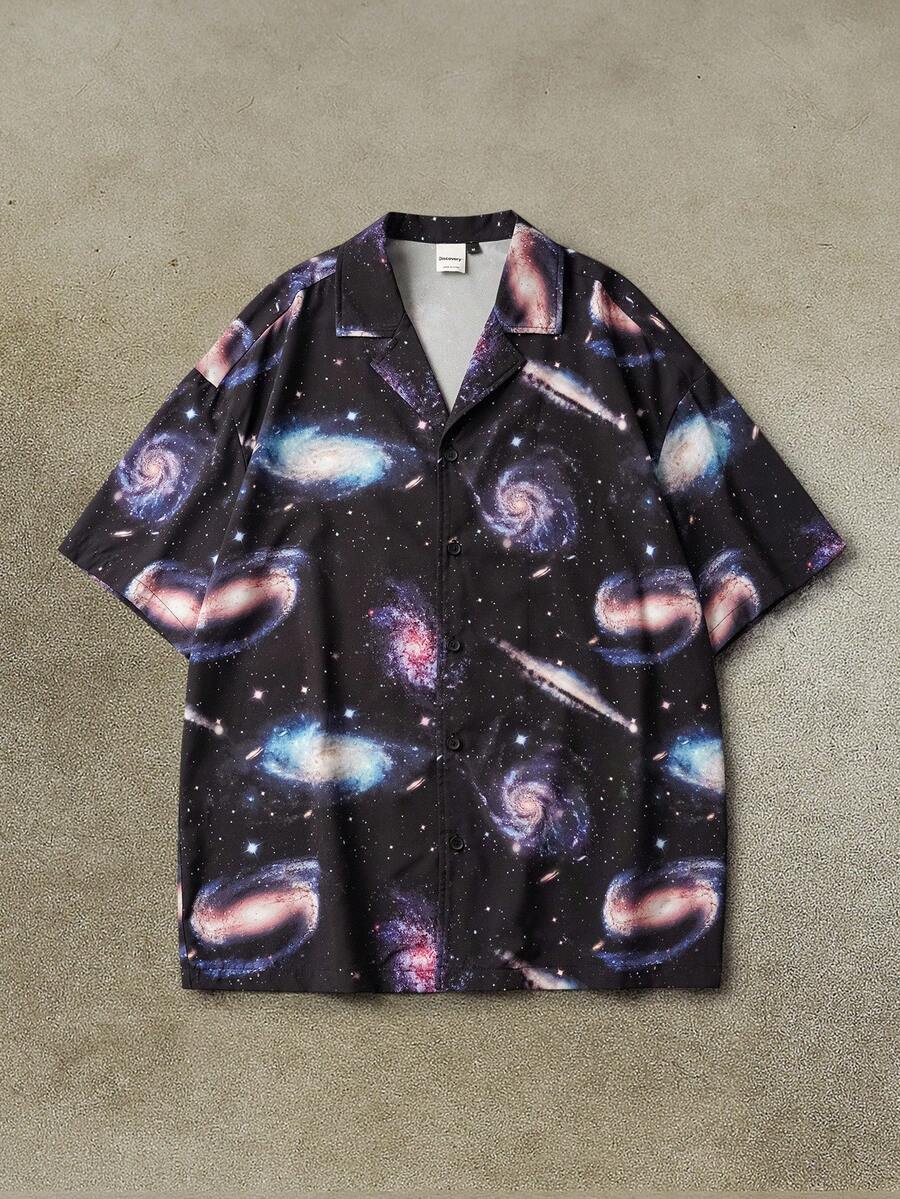 Discovery X SHEIN Men's Casual Starry Sky Print Lapel Collar Loose Fit Shirt, Summer - Black - View 1