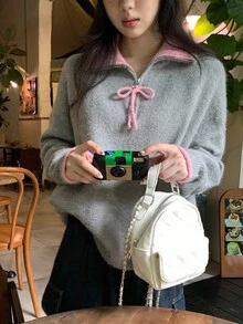 DAZY 女士撞色韩版休闲长袖毛衣，秋冬 - 灰色 - 查看 8