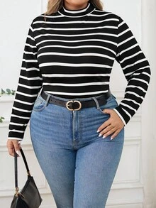 SHEIN CURVE+ Plus Size Women's French Striped Collar T-Shirt, Commuting, Minimalist, Office, Retro Style, Simple, Autumn Basic Layering Clothing