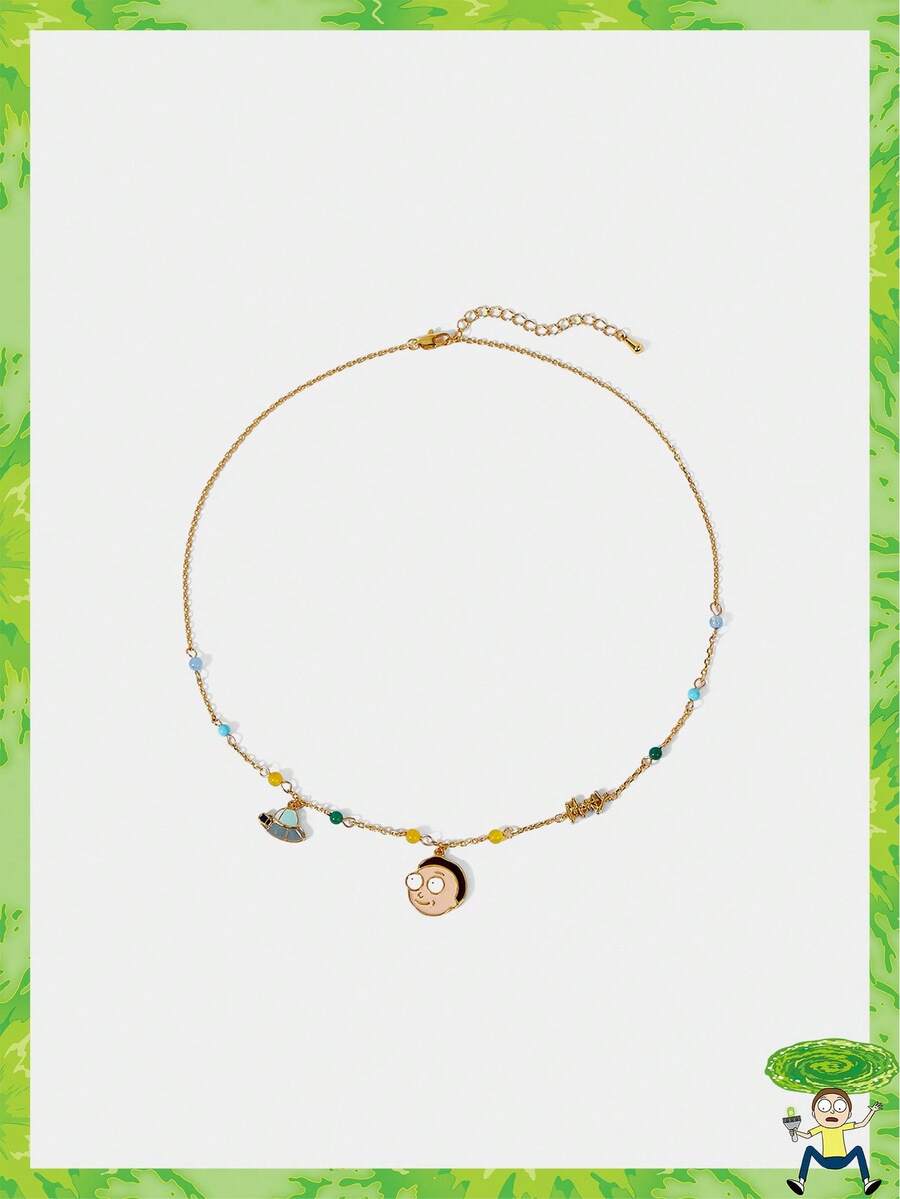 Rick and Morty X SHEIN Fashionable Cartoon Graphic & Planet Pendant Chain Necklace - Gold - View 1