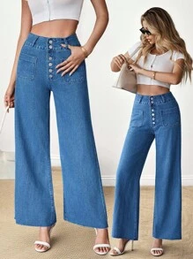 SHEIN LUNE Jeans amples lavés taille haute jambe large pour femmes, style décontracté, convient pour l'été, l'automne, la rentrée scolaire, l'homecoming, Halloween, les affaires, le pays, le vintage, la modestie, les affaires décontractées, le travail, l'église - Bleu azur - Voir 9