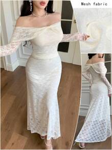 Modelyn 2 件套：女士长袖露肩蕾丝蝴蝶结衬衫和鱼尾裙 - 杏色 - 查看 1