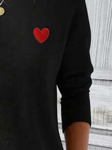 EMERY ROSE New Fashion Women Heart Print Round Neck Long Sleeve T-Shirt - Black - View 3