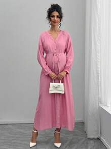 SHEIN Casual Comfortable V-Neck Front Button Long Sleeve Maternity Dress