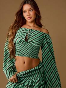 MISSGUIDED Off Shoulder Striped Blouse Long Bell Sleeve Smocked Crop Top Holiday Beach Resort Wear Summer Boho Festival Fashion