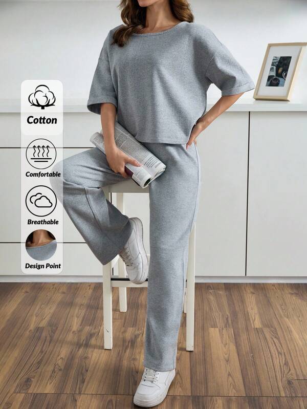 EURMUSE 2Pcs PLUS Cotton Half Sleeve Shirt &Pnats Homewear Lounge Set Women Lounge Set Matching Lounge Set Grey Pajama Set Loungewear Set Womens Two Piece Pajama Set