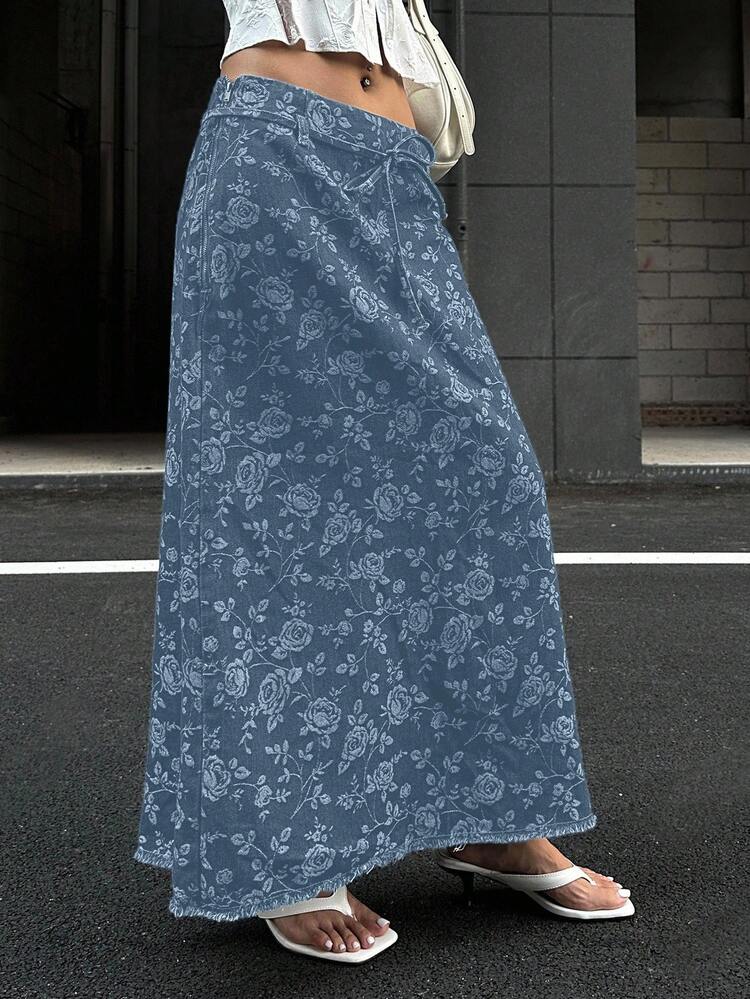 Women's Floral Print Low Waist Long Denim Skirt