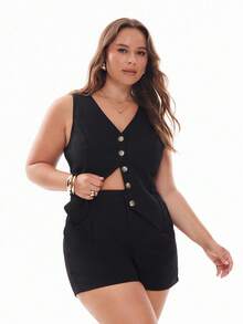 Solavibe Plus Size Solid Color V-Neck Sleeveless Casual Suit Vest And Pocketed Short Suit Two-Piece Set Short Sets Summer