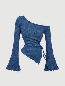 SHEIN MOD Áo thun nữ tay loe viền bất đối xứng có dây rút màu xanh hoàng gia, áo thun trễ vai, quần áo nữ mùa thu, quần áo, áo thun thoải mái - Xanh đậm - Xem 1