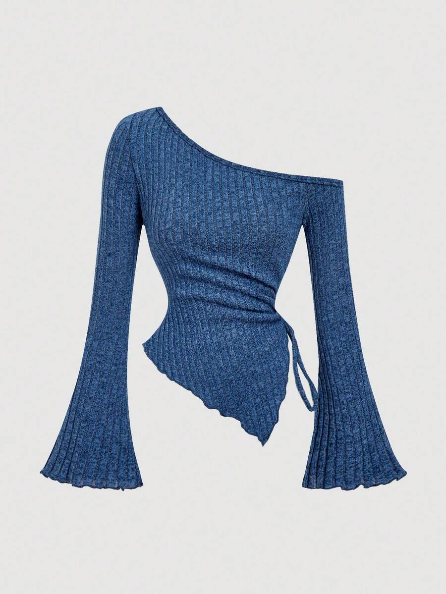 SHEIN MOD Áo thun nữ tay loe viền bất đối xứng có dây rút màu xanh hoàng gia, áo thun trễ vai, quần áo nữ mùa thu, quần áo, áo thun thoải mái - Xanh đậm - Xem 1