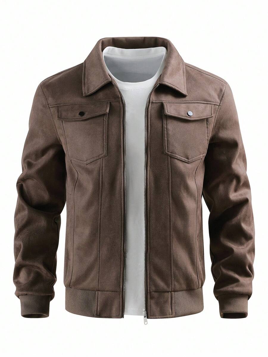 OTTIMOZO 秋季休闲百搭长袖拉链简约男士夹克 - 咖啡棕 - 查看 1