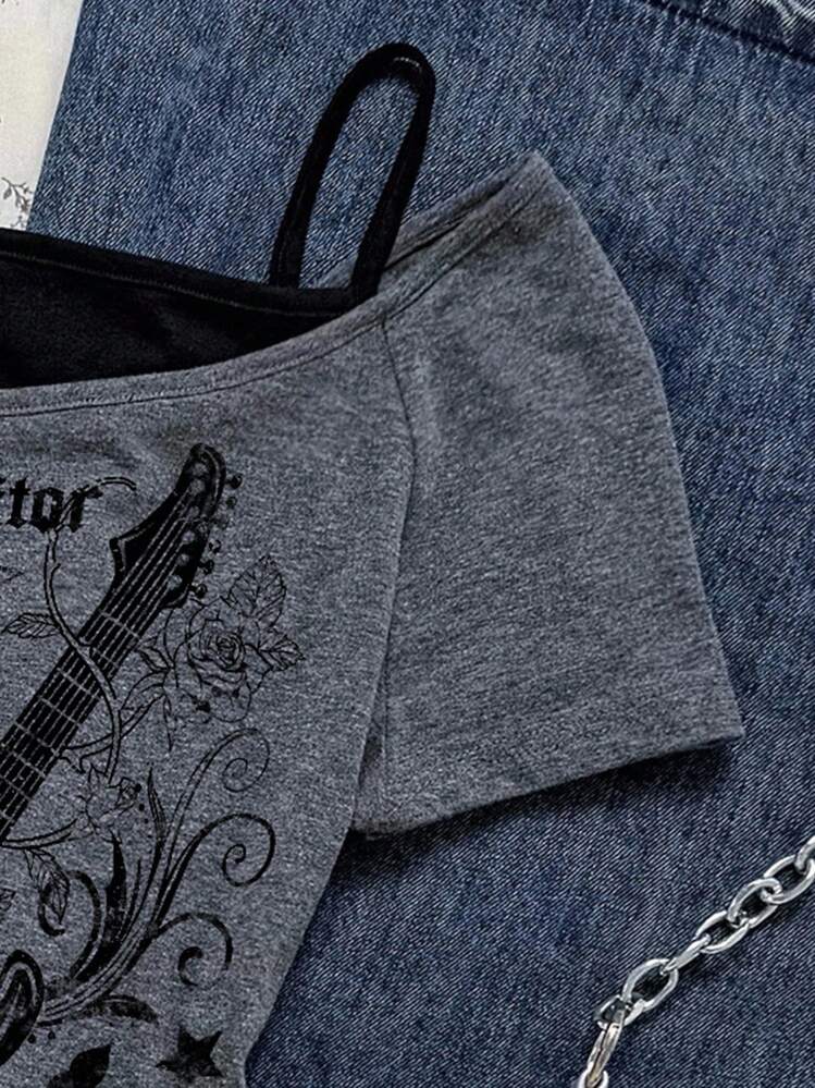Attitoon Women's Casual Retro Punk Gothic Guitar & English Thorn Rose Print Contrast Color Short Sleeve T-Shirt, Y2K Style, Suitable For Street Wear,Off The Shoulder Top - Multicolor - View 5