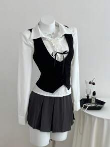Elamini 2pcs Women's Autumn Outfit, Long Sleeve Vest & Blouse With Bowknot And Ruffle Hem Fall Cloth For Women - Black and White - View 6