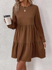 SHEIN LUNE Women's Casual Solid Color Pleated Mini Dress Fall Cloth For Women - Brown - View 5