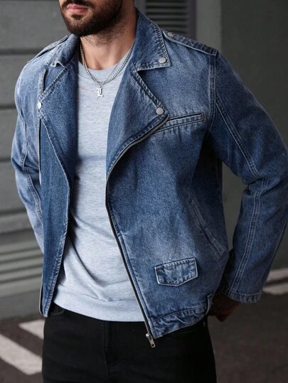 Manfinity LEGND Áo khoác denim phong cách đường phố trưởng thành màu xanh lam trung bình dành cho nam có cổ và khóa kéo Áo khoác denim biker phù hợp cho chồng và bạn trai, mùa thu