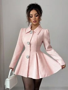 Elenzga French Autumn Tweed Puff Sleeve Dress With Waist Cinching Design, Elegant & Slimming, Suitable For Dates, Autumn/Winter Fall Cloth For Women